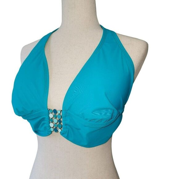 2Bamboo Blue Halter Swim Bikini Top With‎ Metal Design 32DD/34D S/M New - Picture 4 of 7